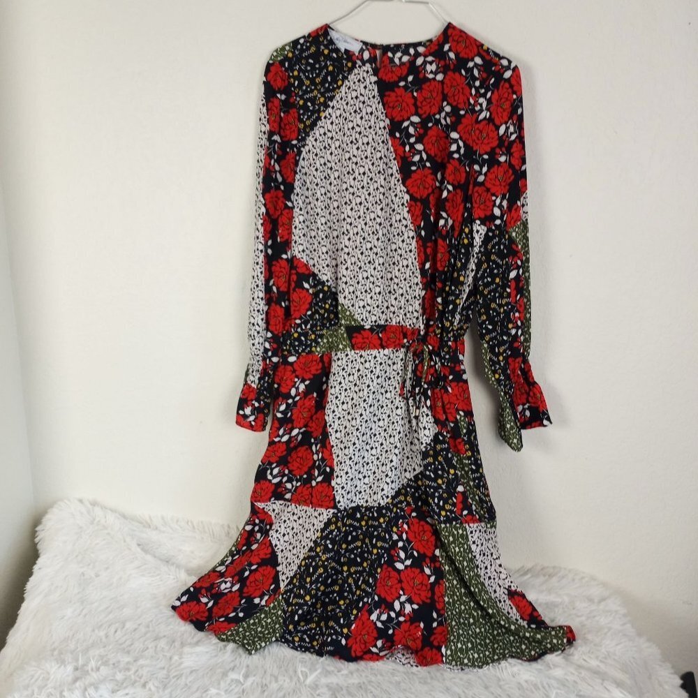 libby. edelman Red Black White Floral Patchwork Dress